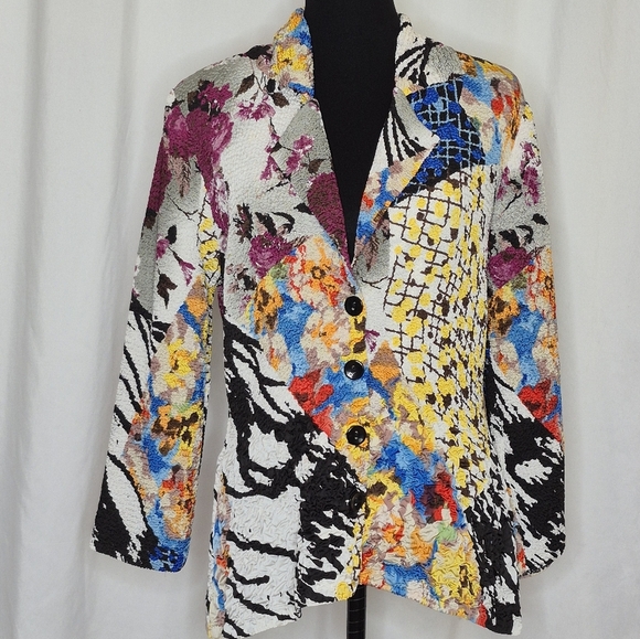 Alberto Makali Crinkle Stretch Button Front Notch Collar Blazer / Topper - Sz L - Picture 1 of 12